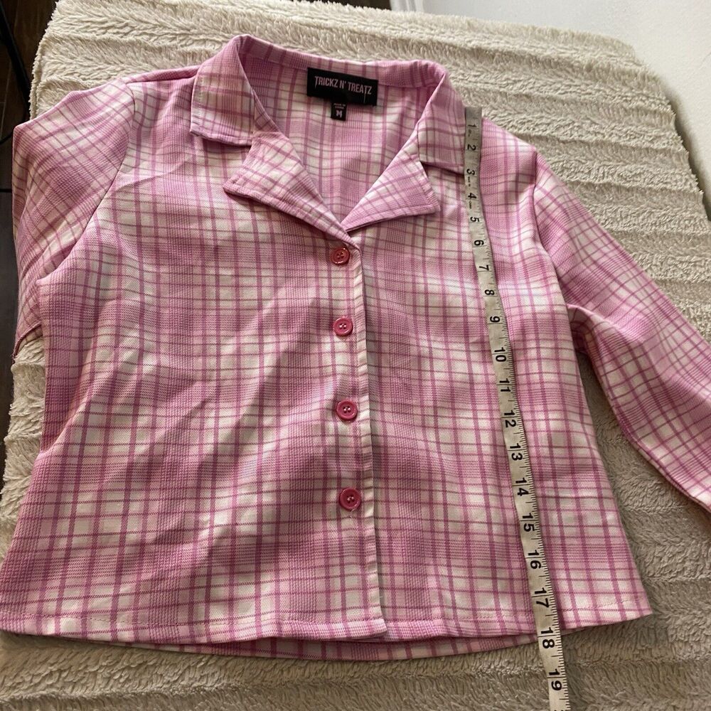 Dolls Kill Tricks N Treatz‎ Pink Plaid Button Up V-Neck Collared Shirt Blazer - Picture 8 of 11
